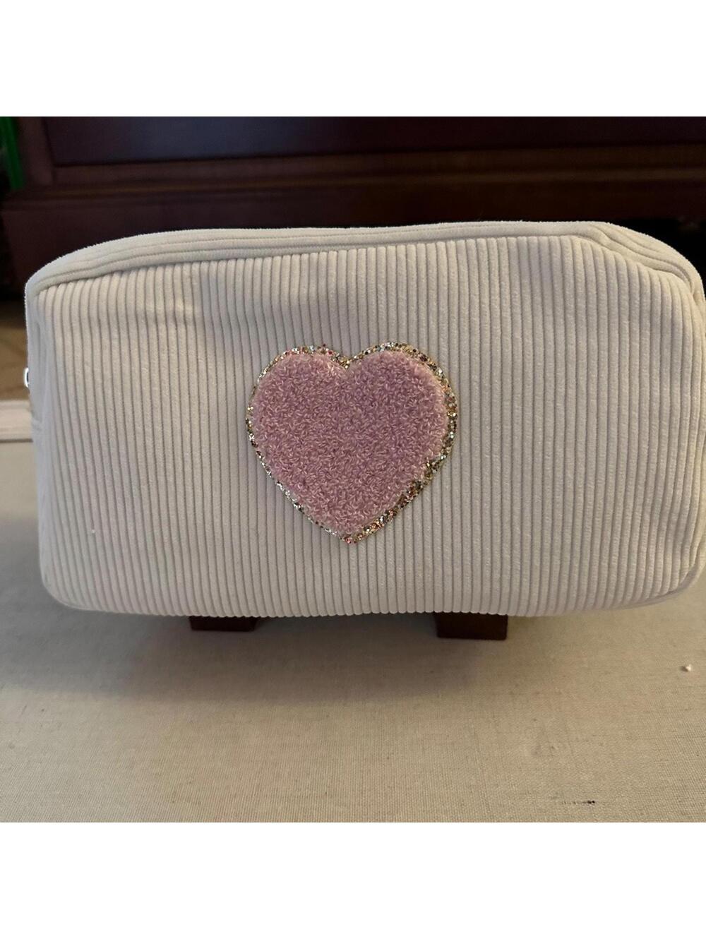 Cream corduroy makeup cosmetic travel pouch w pink heart with glitter patch NWOT